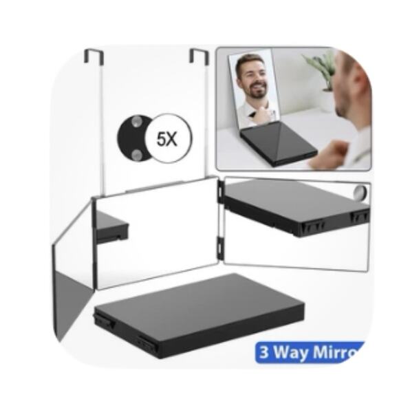 360 Mirror – Foldable 3-Way Hair Cutting Mirror – Black, No LED, Door Mount NEW - Picture 1 of 5
